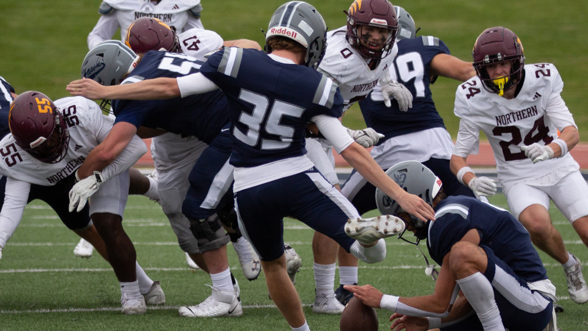 Nik Halvorson kicks against Montana State Northern.