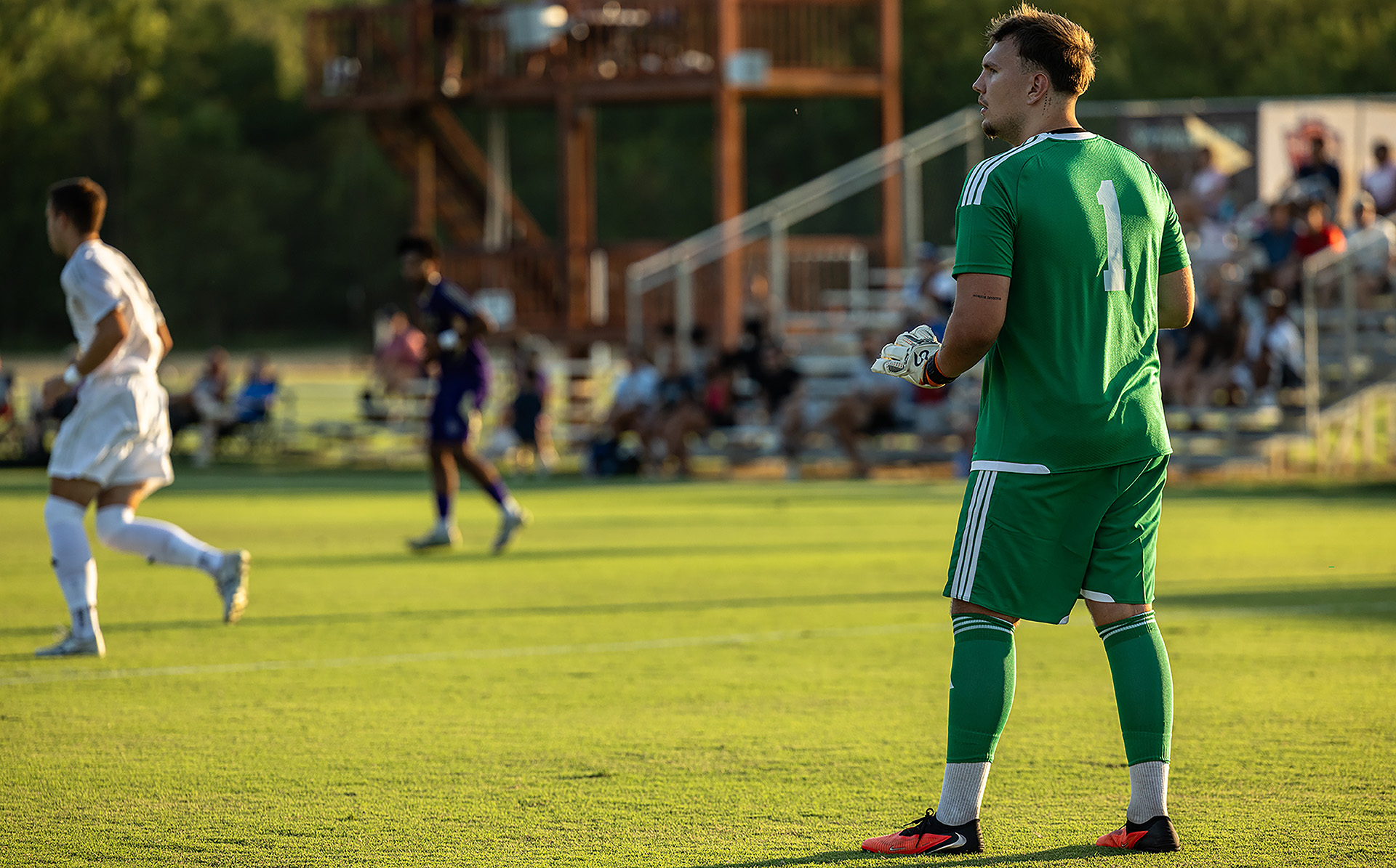 Goal keeper from Oklahoma Wesleyan University during a match against Avila.