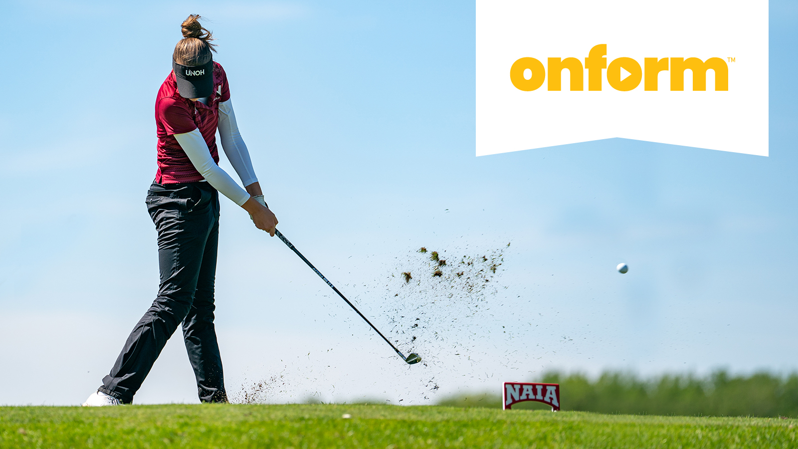 female golfer swinging, with Onform logo